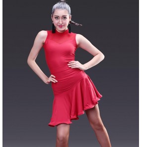 Red Black leopard patchwork sleeveless turtle neck women's competition performance professional latin salsa cha cha dance dresses sets